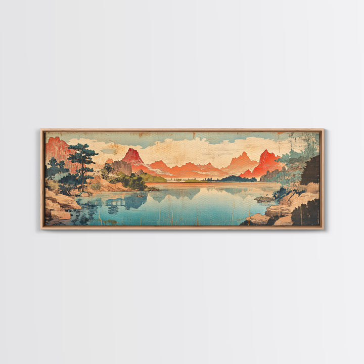 Red Peaks Reflecting In Lake Landscape Wall Art, Wide Horizontal Canvas Print, Japanese Inspired Decor, Large Living Room Art