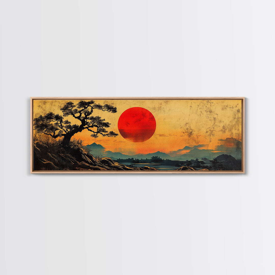 Red Sunset Over Pine Tree Japanese Wall Art, Panoramic Canvas Print, Japandi Landscape Decor, Zen Living Room Wall Art Print