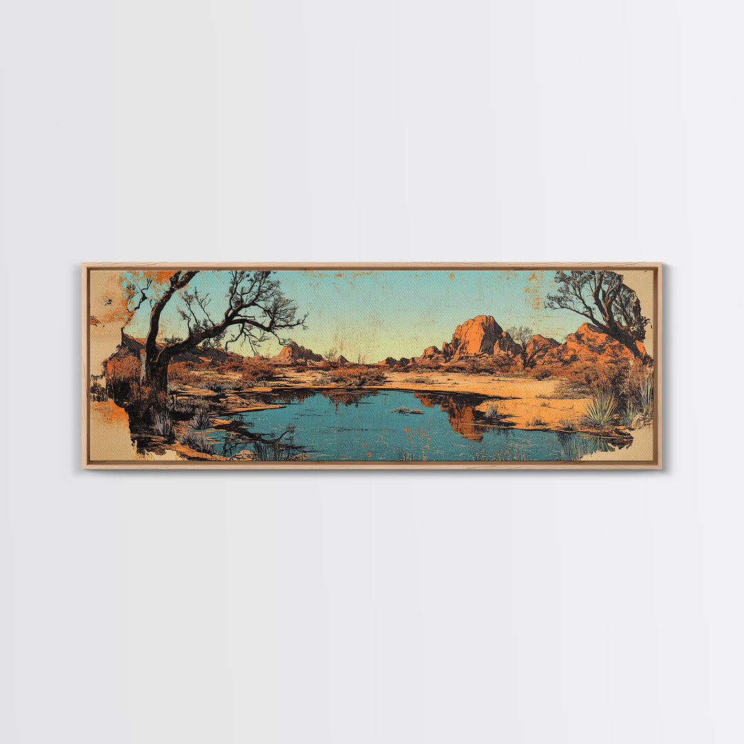 Southwestern Desert Lake Reflection Wall Art, Long Horizontal Canvas Print, Rustic Landscape, Warm Earth Tone Living Room Decor