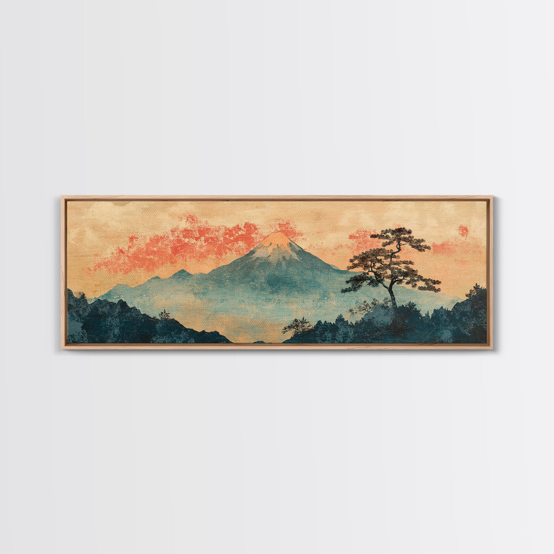 Misty Mount Fuji Pine Tree Wall Art, Long Horizontal Canvas Print, Japanese Landscape, Serene Japandi Nature Living Room Decor