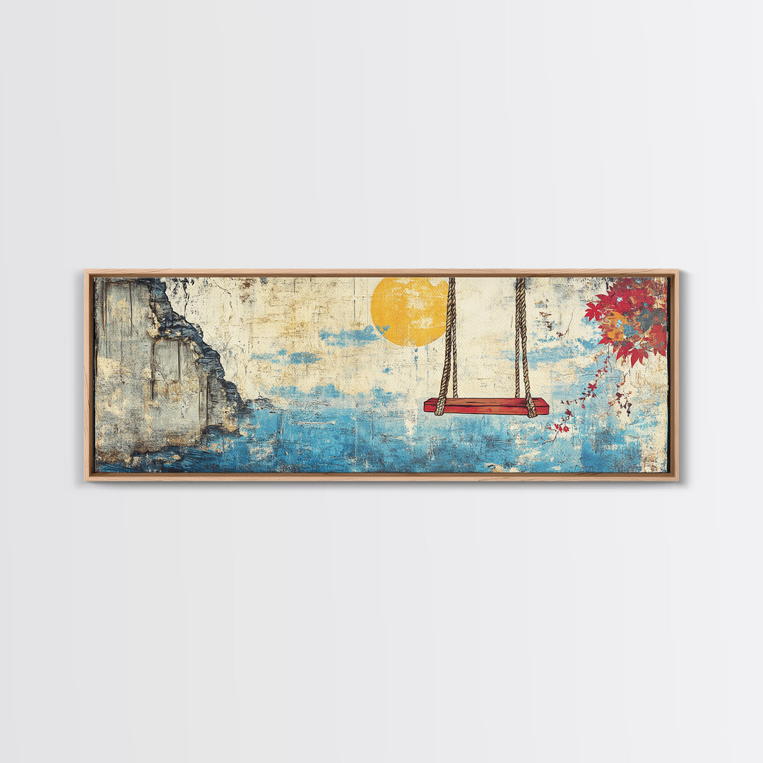 Ocean Cliff Swing Yellow Moon Wall Art, Long Horizontal Canvas Print, Coastal Blue Seascape, Japanese Minimalist Bedroom Decor