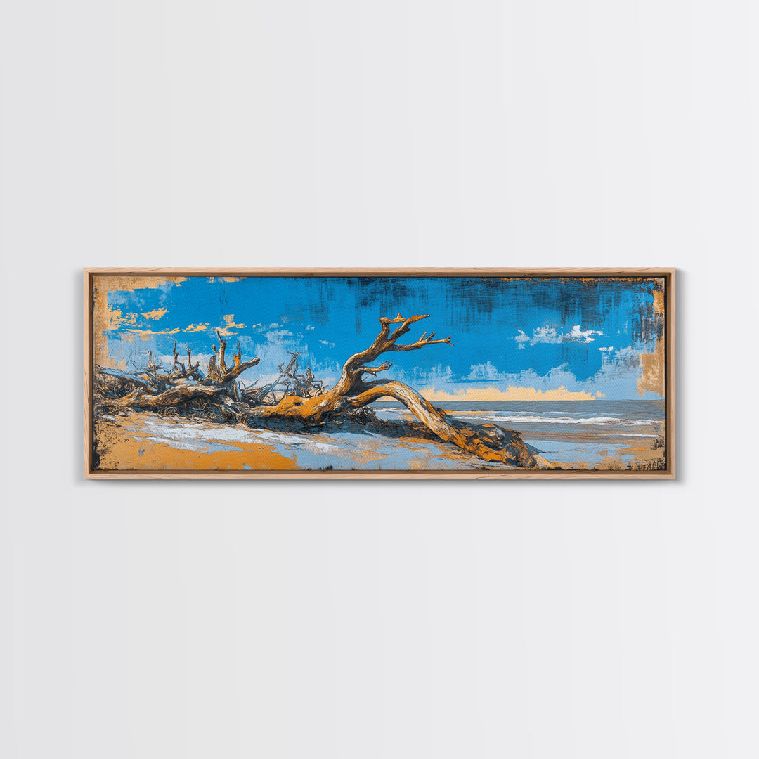 Driftwood Beach And Blue Sky Canvas Print, Coastal Wall Art, Nautical Landscape Decor, Large Horizontal Print For Beach House