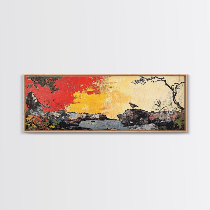 Crow On Rocky Japanese Garden Wall Art, Red Sunset Landscape Print, Asian Inspired Decor, Large Horizontal Canvas For Living Room