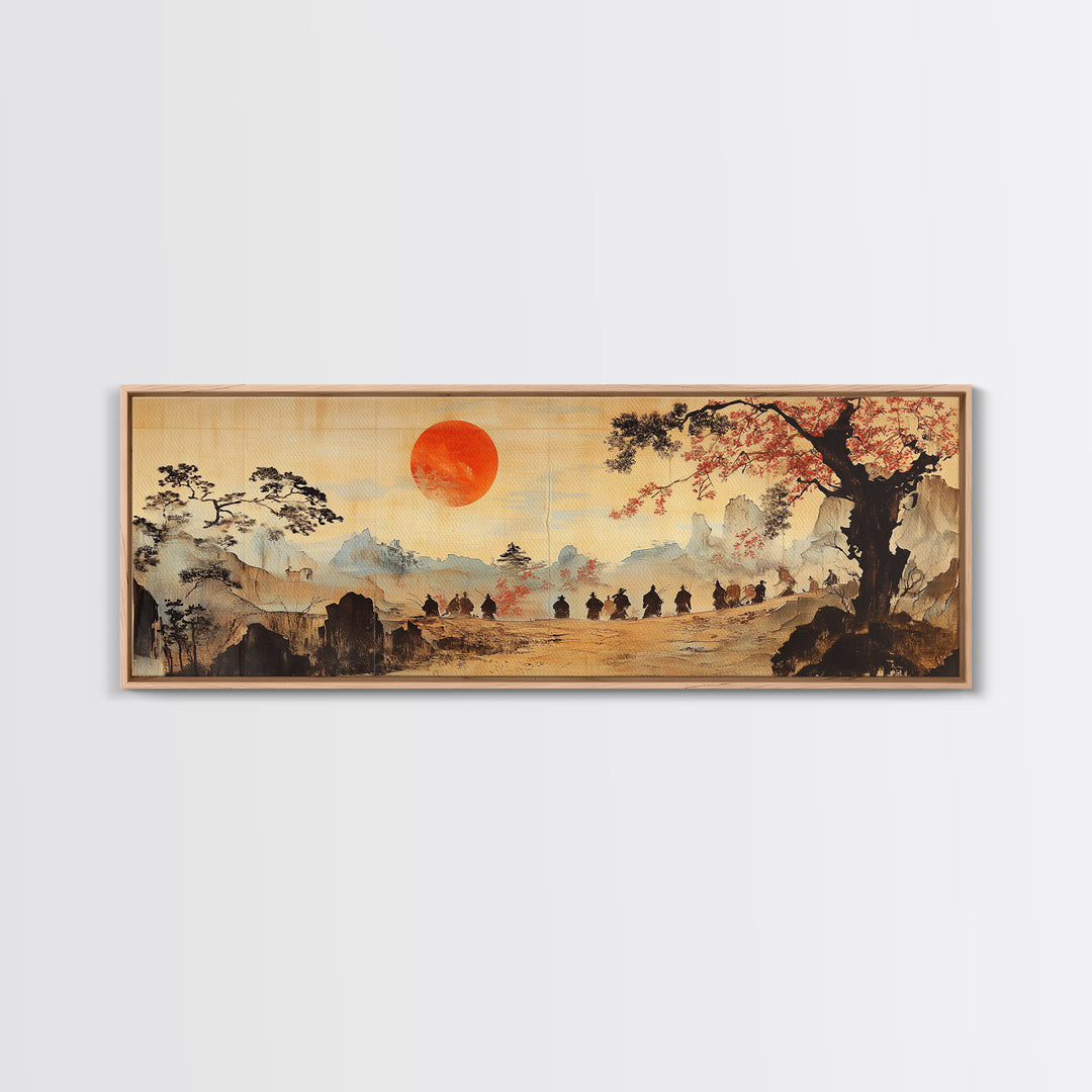 Red Sun Mountain Journey Wall Art, Japanese Landscape Print, Panoramic Canvas, Asian Home Decor, Living Room Decor Gift Idea