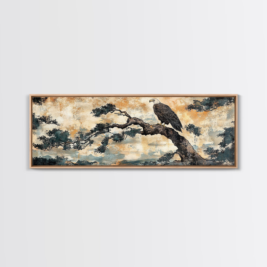 Eagle Pine Branch Wall Art, Japanese Bird Print, Panoramic Wildlife Canvas, Nature Inspired Decor, Office Living Room Art