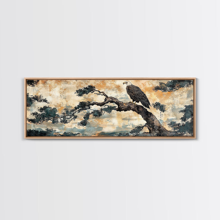 Eagle Pine Branch Wall Art, Japanese Bird Print, Panoramic Wildlife Canvas, Nature Inspired Decor, Office Living Room Art