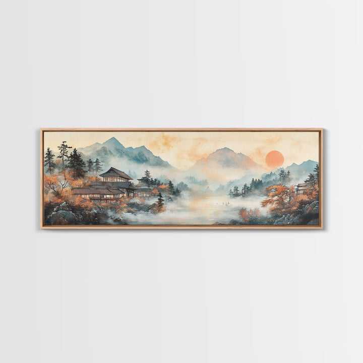 Misty Mountain Temple Framed Canvas Print, Japanese Landscape Art, Zen Lake Wall Decor, Panoramic Living Room Decor Gift