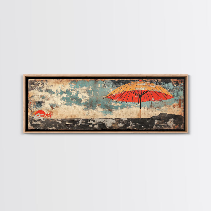 Red Umbrella Seascape Wall Art, Japanese Coastal Print, Minimalist Canvas, Beach House Decor, Asian Living Room Decor Gift