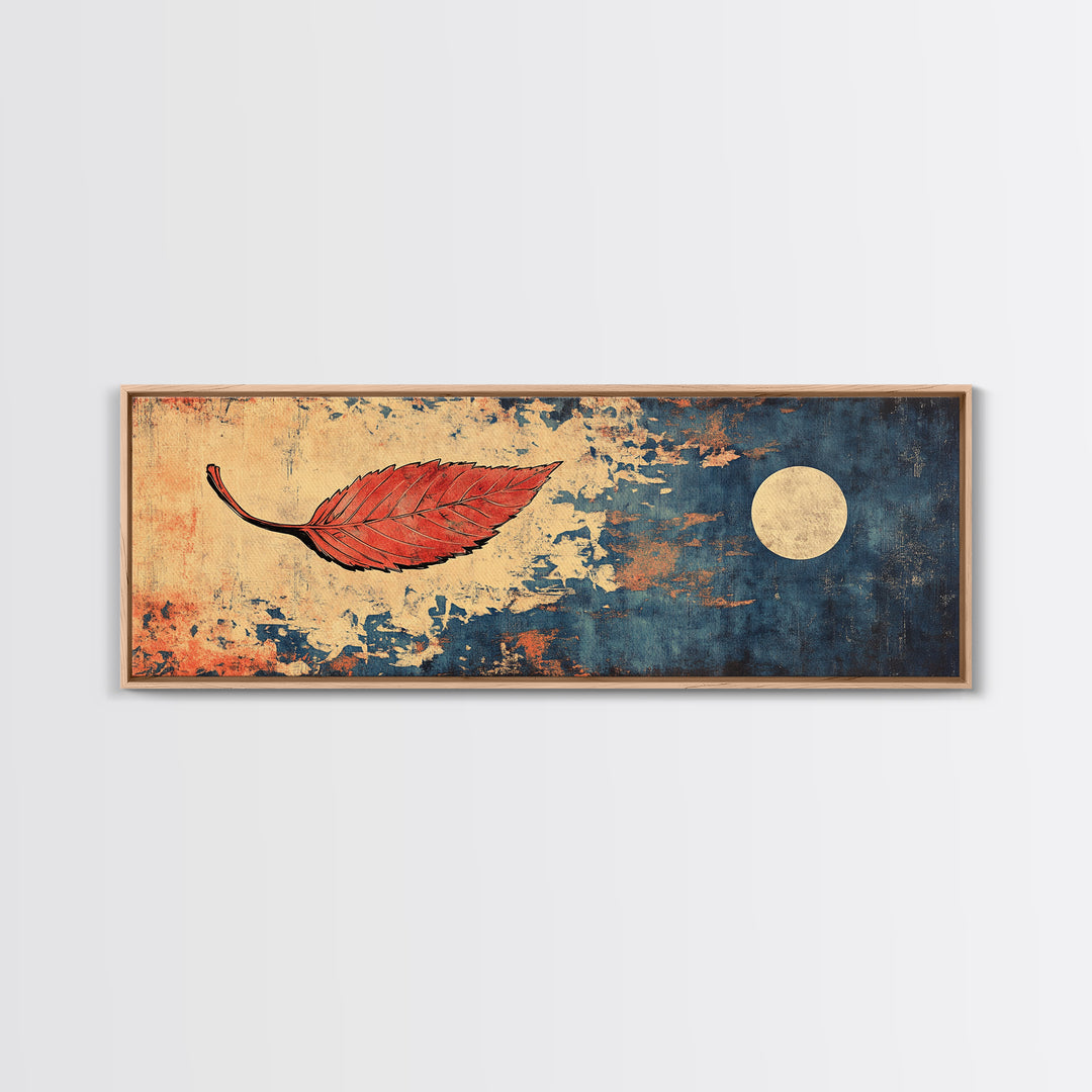 Red Autumn Leaf Wall Art, Japanese Minimalist Print, Navy Blue Canvas, Nature Inspired Decor, Modern Asian Home Decor Gift