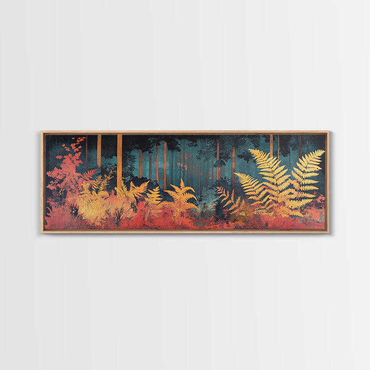 Golden Fern Forest Framed Canvas Print, Japanese Botanical Wall Art, Moody Nature Decor, Panoramic Living Room Artwork Gift