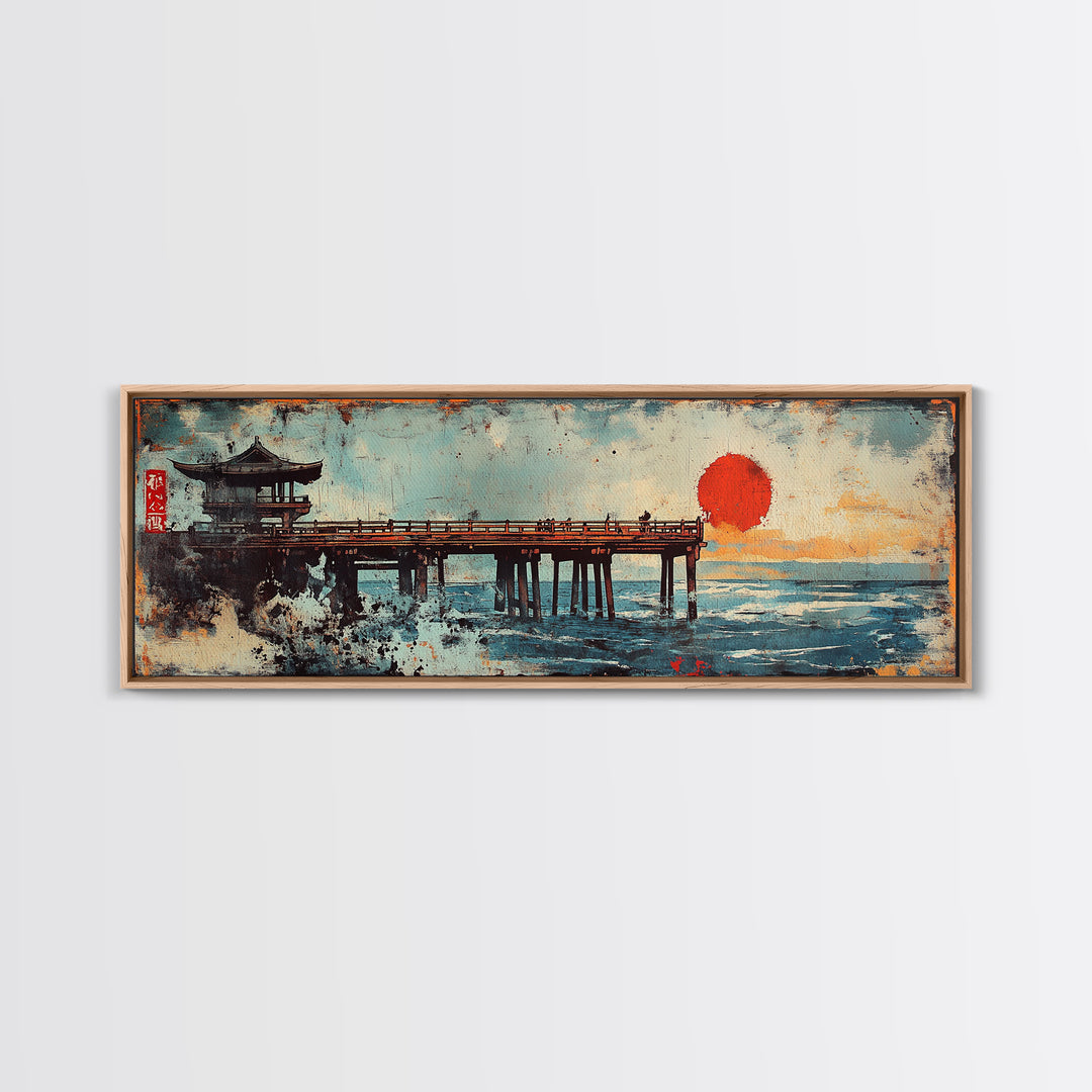 Japanese Pier Red Sun Wall Art, Ocean Waves Canvas Print, Asian Coastal Decor, Pagoda Seascape, Living Room Wall Art Print