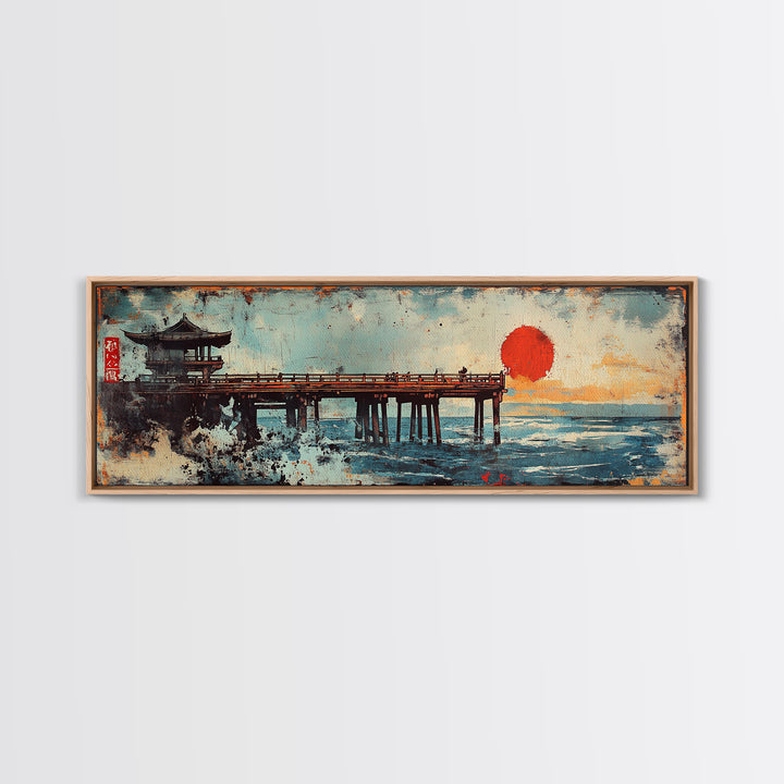 Japanese Pier Red Sun Wall Art, Ocean Waves Canvas Print, Asian Coastal Decor, Pagoda Seascape, Living Room Wall Art Print