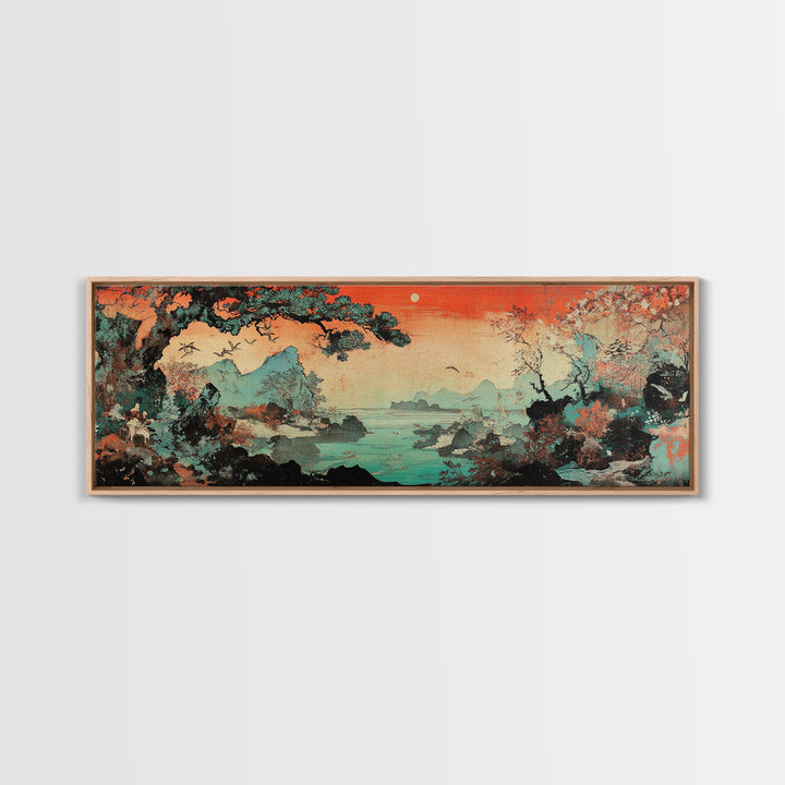 Misty Asian Lake Mountains Wall Art, Red Sunset Landscape Canvas Print, Japandi Decor, Nature Wall Art, Above Bed Decor Print