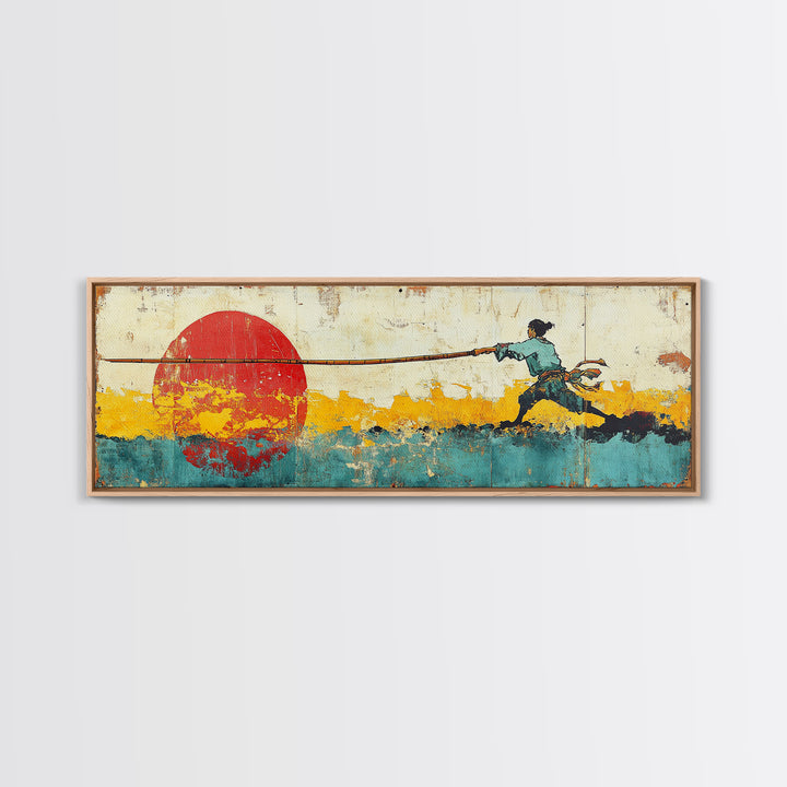 Fisherman Pulling Rope Wall Art, Red Sun Canvas Print, Coastal Landscape, Japanese Inspired Decor, Long Horizontal Art Print