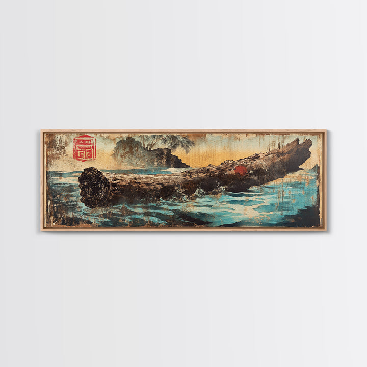 Weathered Driftwood Log On Blue Water Canvas Print, Japanese Nature Art, Rustic Coastal Decor, Zen Landscape Wall Art, Home Decor