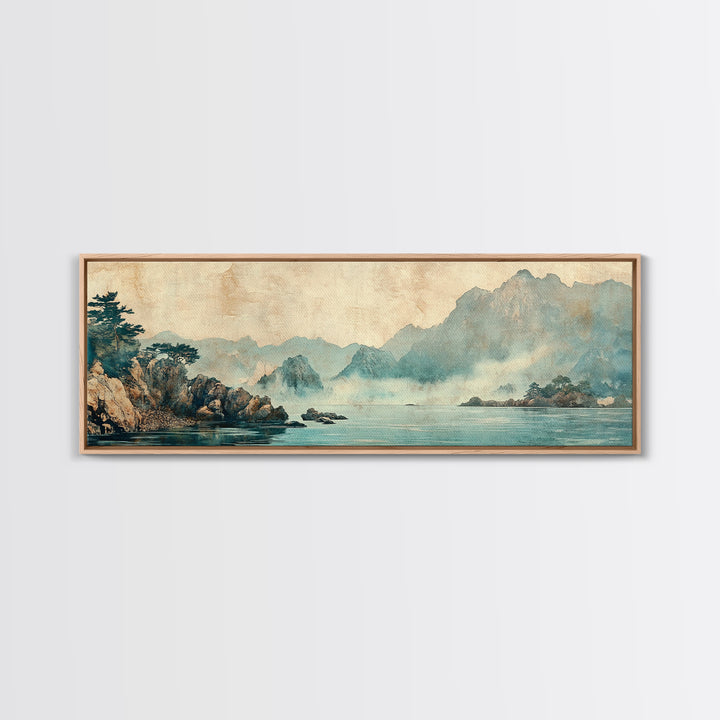 Misty Blue Mountain Lake Wall Art, Japanese Landscape Print, Zen Nature Decor, Panoramic Living Room Wall Decor, Calming Home Decor