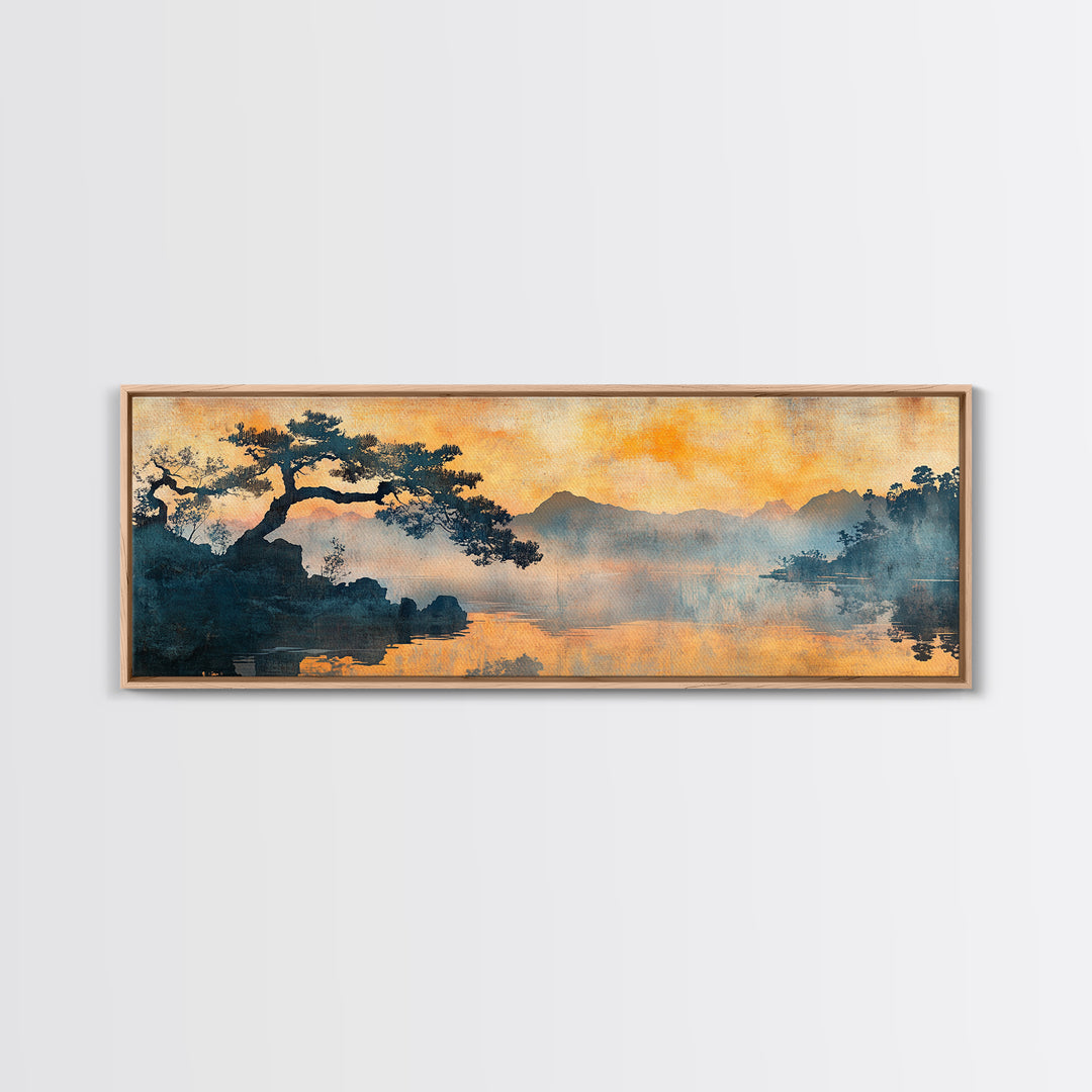 Orange Sunset Pine Lake Canvas Print, Japanese Landscape Wall Art, Moody Nature Decor, Zen Living Room Wall Decor, Warm Home Decor
