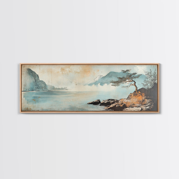 Lone Pine On Quiet Blue Shore Wall Art, Minimalist Japanese Landscape Print, Coastal Zen Decor, Calming Home Decor, Living Room Art