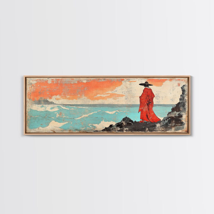 Red Robed Figure By Turquoise Sea Wall Art, Japanese Seascape Print, Coastal Asian Decor, Dramatic Wall Decor, Unique Home Decor