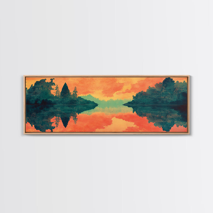 Orange Lake Reflection At Sunset Canvas Print, Forest Landscape Wall Art, Modern Nature Decor, Large Living Room Art, Home Decor