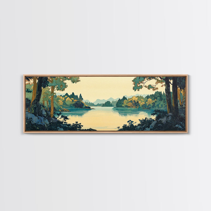 Framed Lake Through Forest Trees Wall Art, Japanese Landscape Print, Scenic Nature Decor, Blue Green Living Room Decor, Home Decor