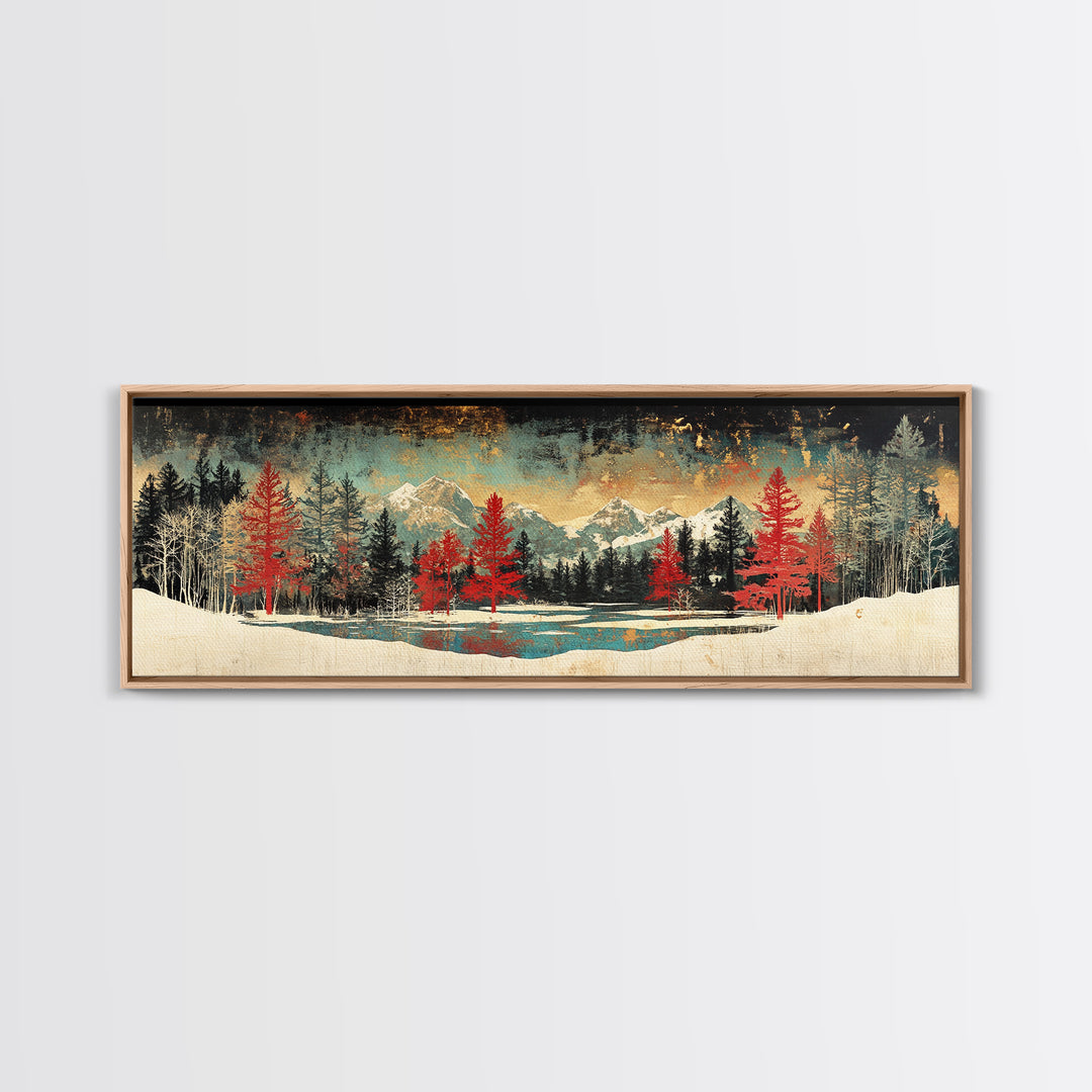 Snowy Mountain Forest With Red Pines Framed Canvas Print, Winter Landscape Wall Art, Rustic Cabin Decor For Living Room Decor
