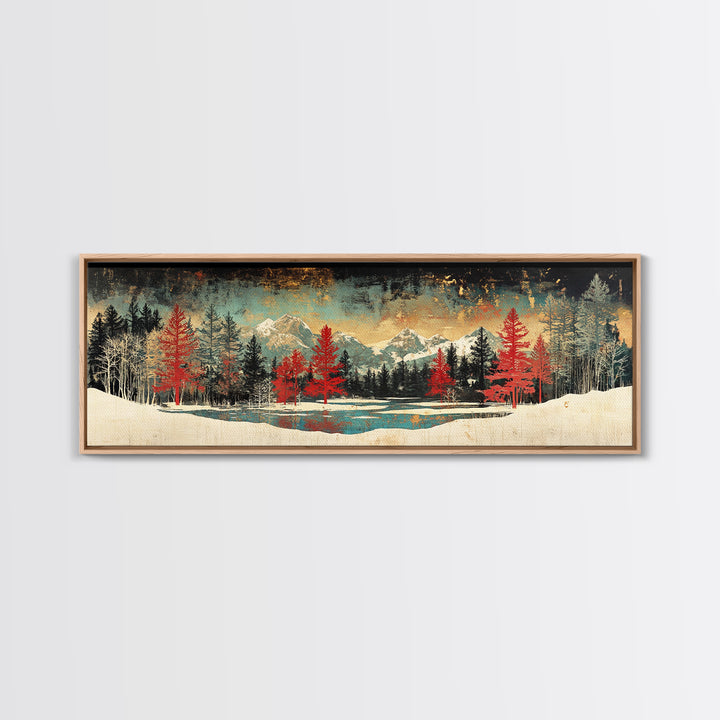 Snowy Mountain Forest With Red Pines Framed Canvas Print, Winter Landscape Wall Art, Rustic Cabin Decor For Living Room Decor