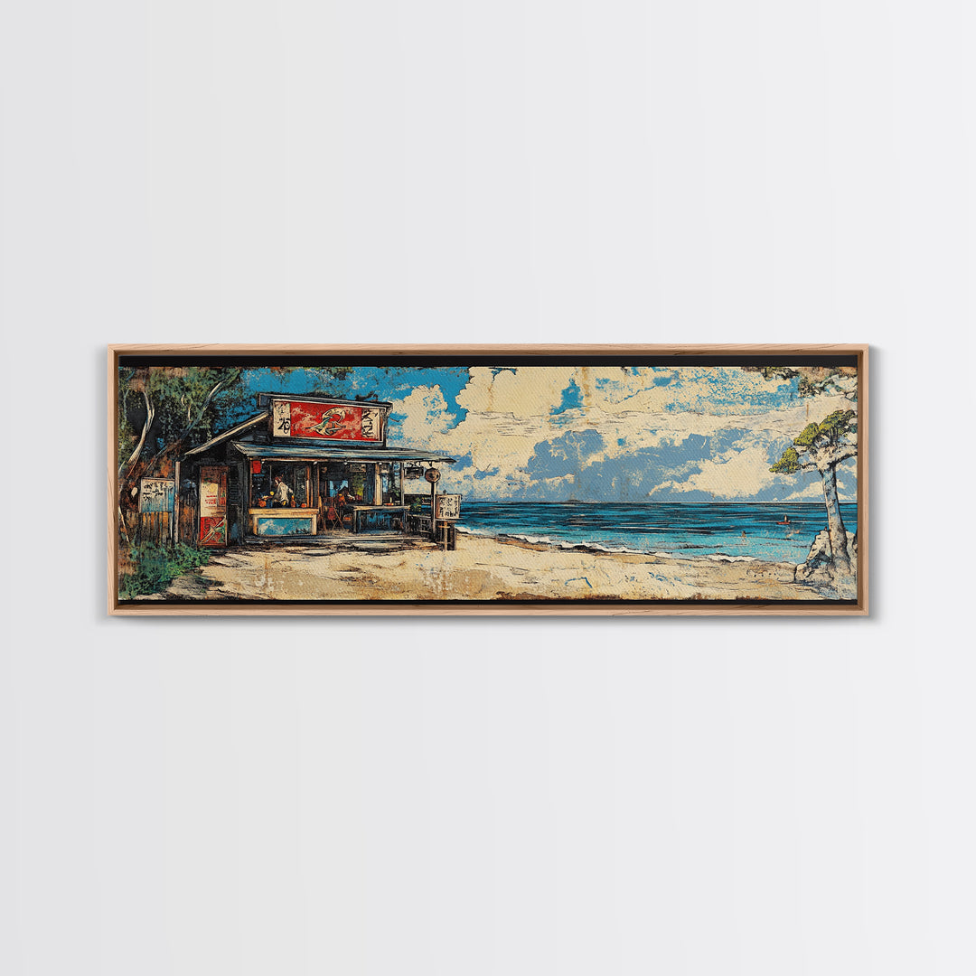 Beachfront Asian Food Shack Wall Art, Tropical Ocean Canvas Print, Coastal Kitchen Decor For Beach House Living Room Decor