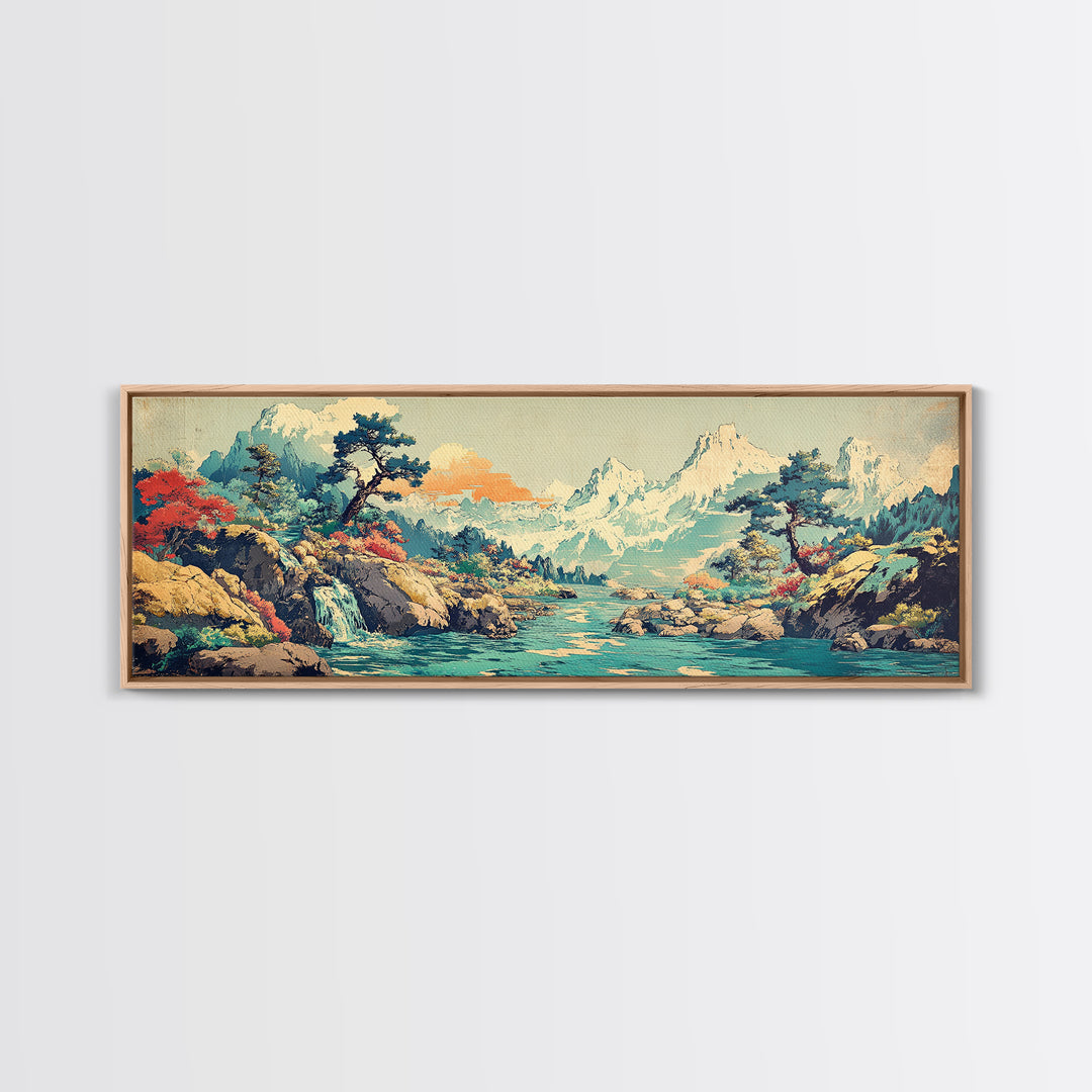 Turquoise River Waterfall And Snowy Pines Framed Canvas Print, Japanese Landscape Art, Mountain Wall Decor, Living Room Decor