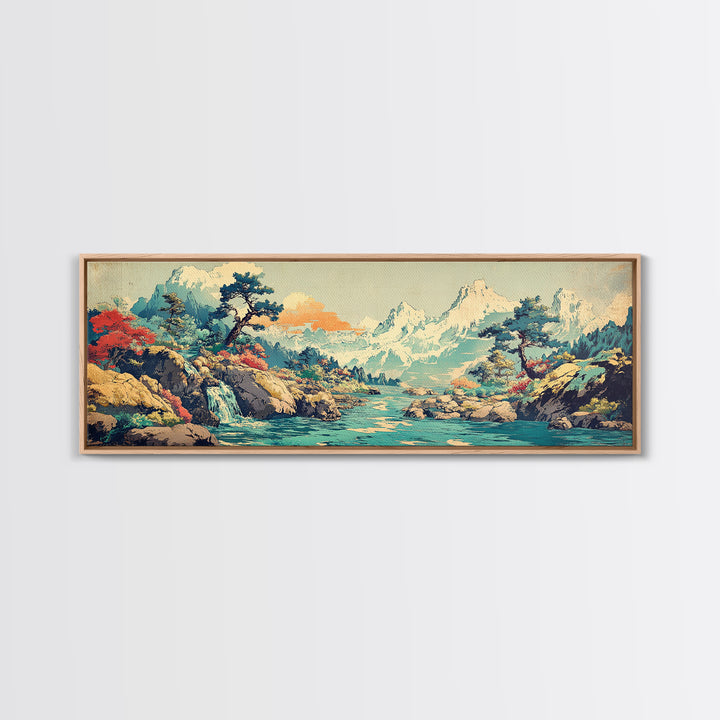 Turquoise River Waterfall And Snowy Pines Framed Canvas Print, Japanese Landscape Art, Mountain Wall Decor, Living Room Decor