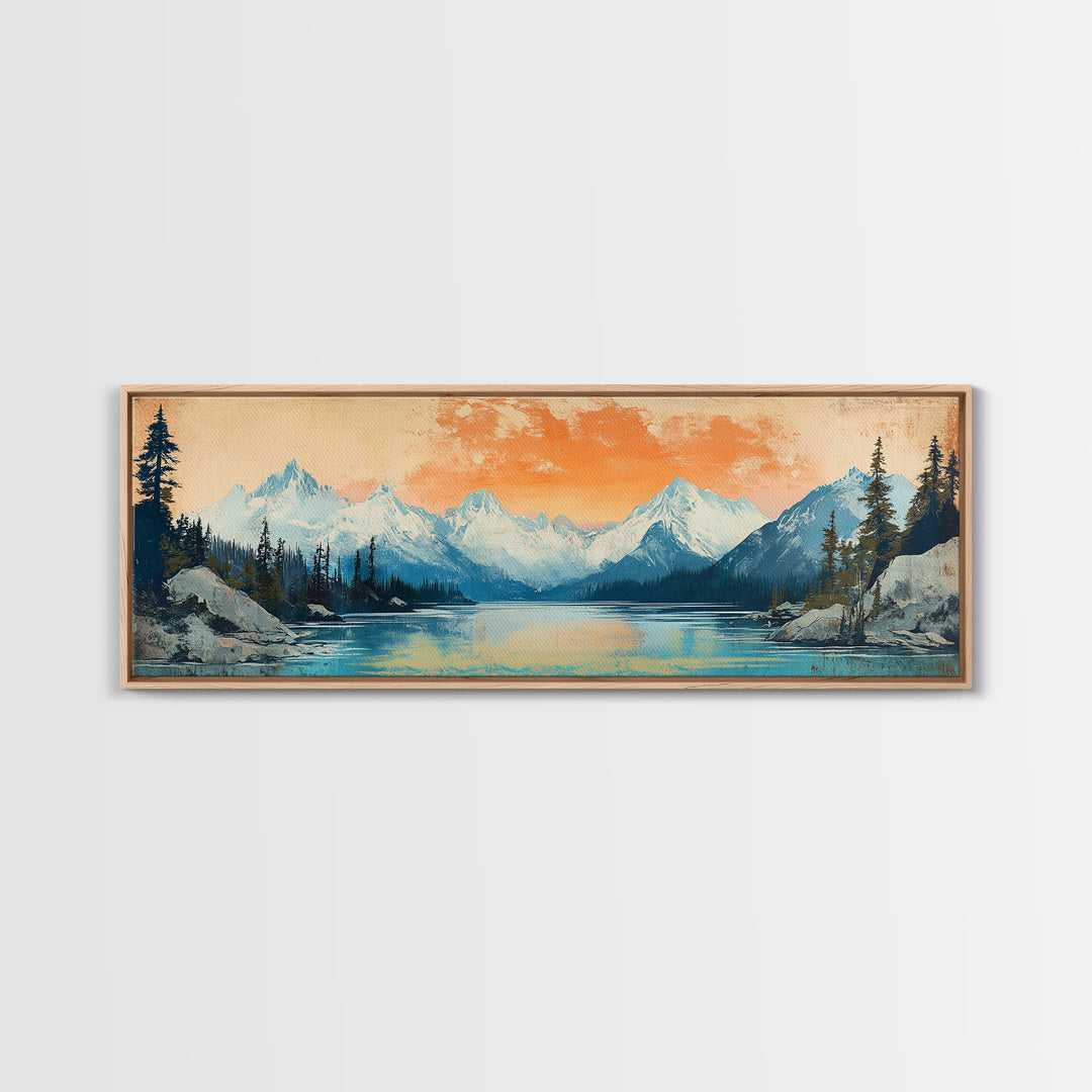 Orange Sunset Alpine Lake Wall Art, Snowy Mountain Landscape Print, Rustic Cabin Decor, Large Horizontal Canvas Home Decor