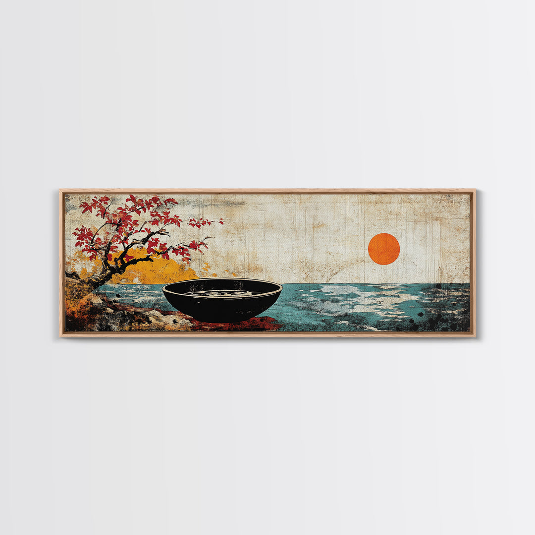 Zen Bowl By Ocean With Red Sun Framed Canvas Print, Japanese Coastal Wall Art, Cherry Blossom Decor, Meditation Room Art