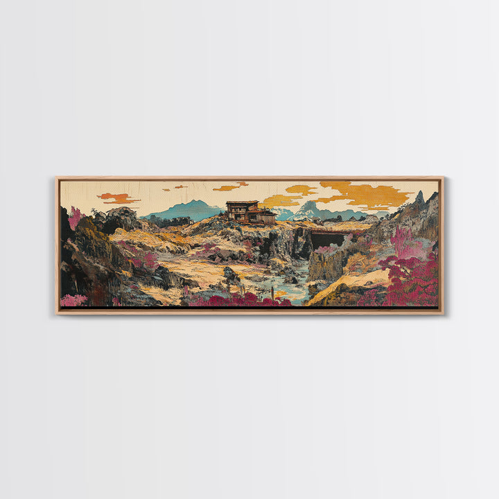 Desert Canyon Cabin And Pink Wildflowers Wall Art, Southwestern Landscape Canvas, Modern Rustic Decor, Earth Tone Home Decor