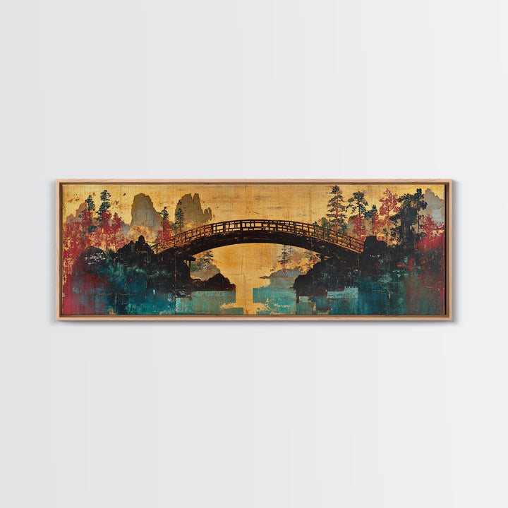 Arched Bridge Over Autumn River Canvas Print, Japanese Garden Landscape, Japandi Wall Art, Tranquil Living Room Wall Decor