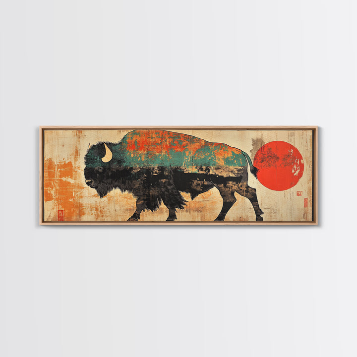 Turquoise Bison Red Sun Canvas Print, Southwestern Wall Art, Western Home Decor, Rustic Statement Living Room Art, Large Wall Decor