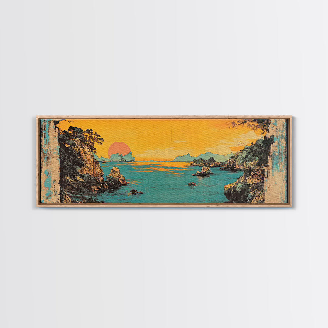 Turquoise Sea Cliff Sunset Canvas Print, Coastal Wall Art, Japanese Landscape Decor, Panoramic Beach House Wall Decor, Large Art