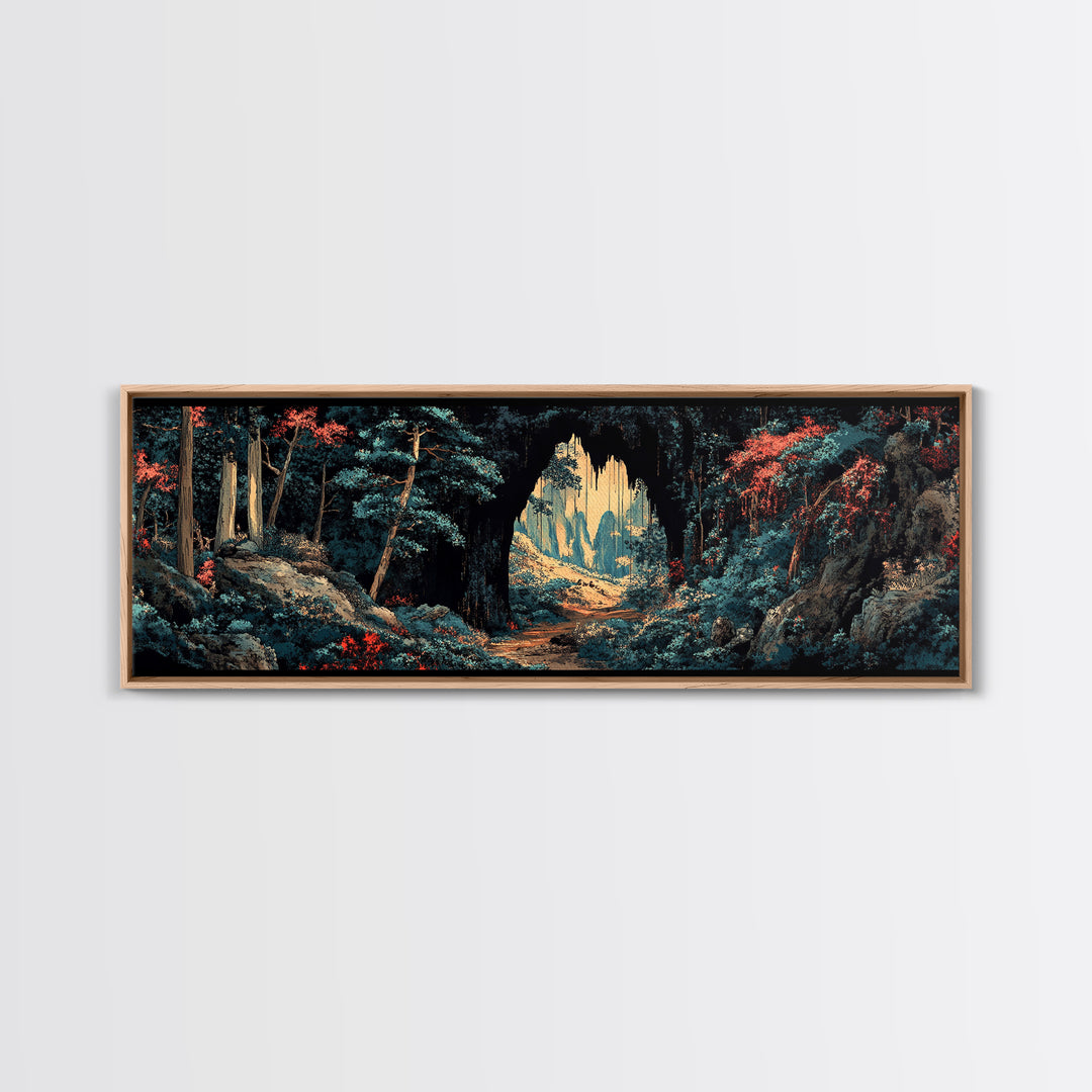 Dark Forest Cave Path Canvas Print, Moody Landscape Wall Art, Fantasy Woodland Decor, Panoramic Statement Living Room Art