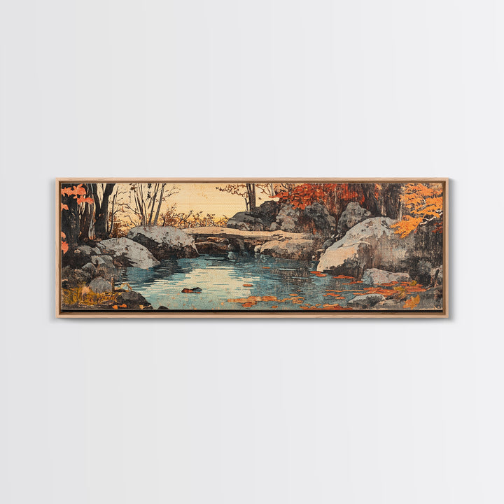 Autumn Rocky Creek Canvas Print, Japanese Landscape Painting, Rustic Nature Wall Decor, Panoramic Living Room Art, Home Decor