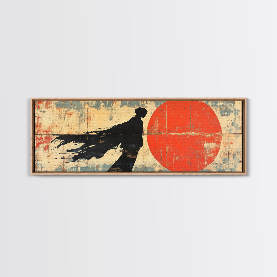 Shadow Samurai Red Sun Wall Art, Japanese Warrior Canvas, Dark Fantasy Decor, Bold Panoramic Office And Living Room Print