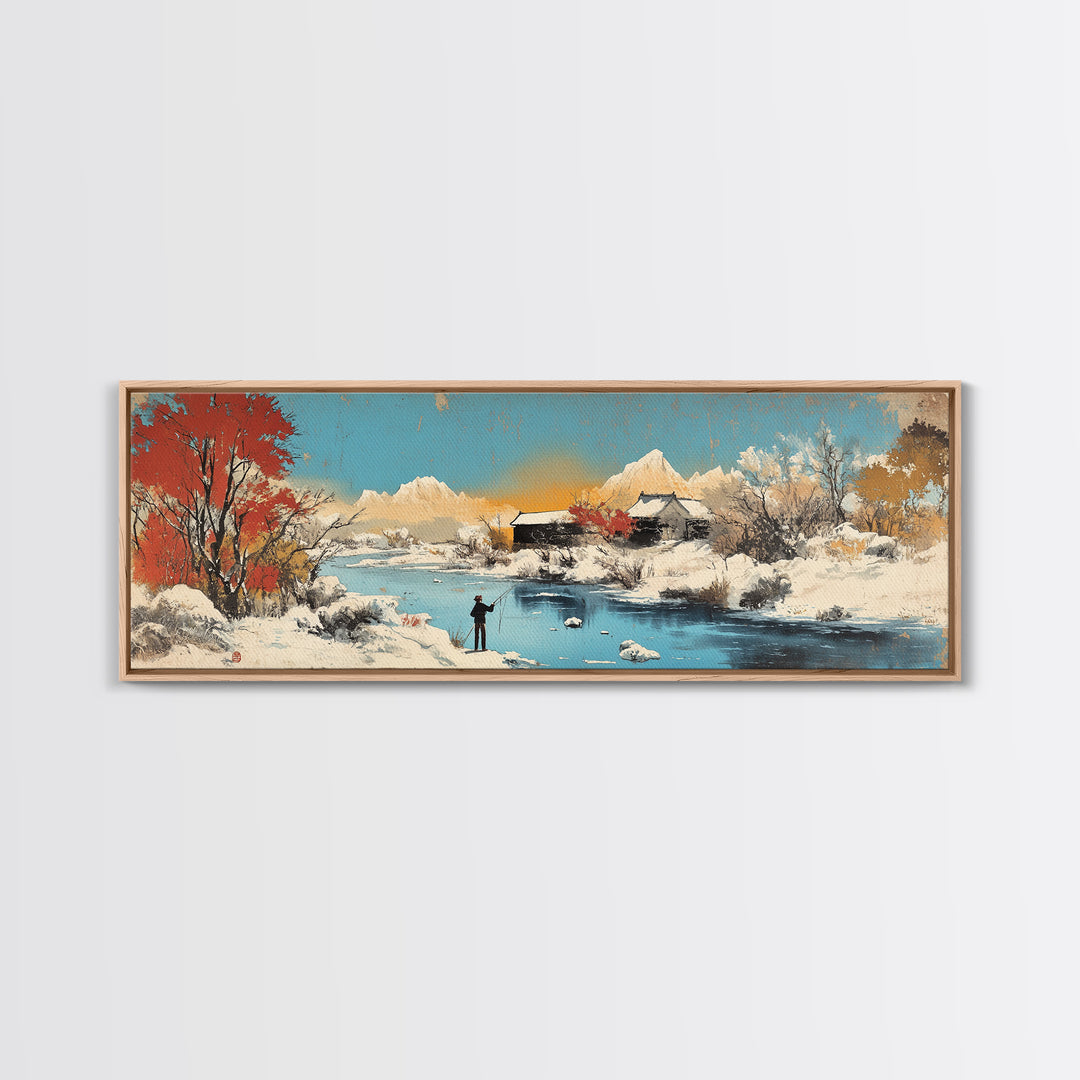 Snowy Mountain Village Wall Art, Japanese Winter Landscape Canvas, Serene Nature Decor, Panoramic Living Room Art Print For Home Decor