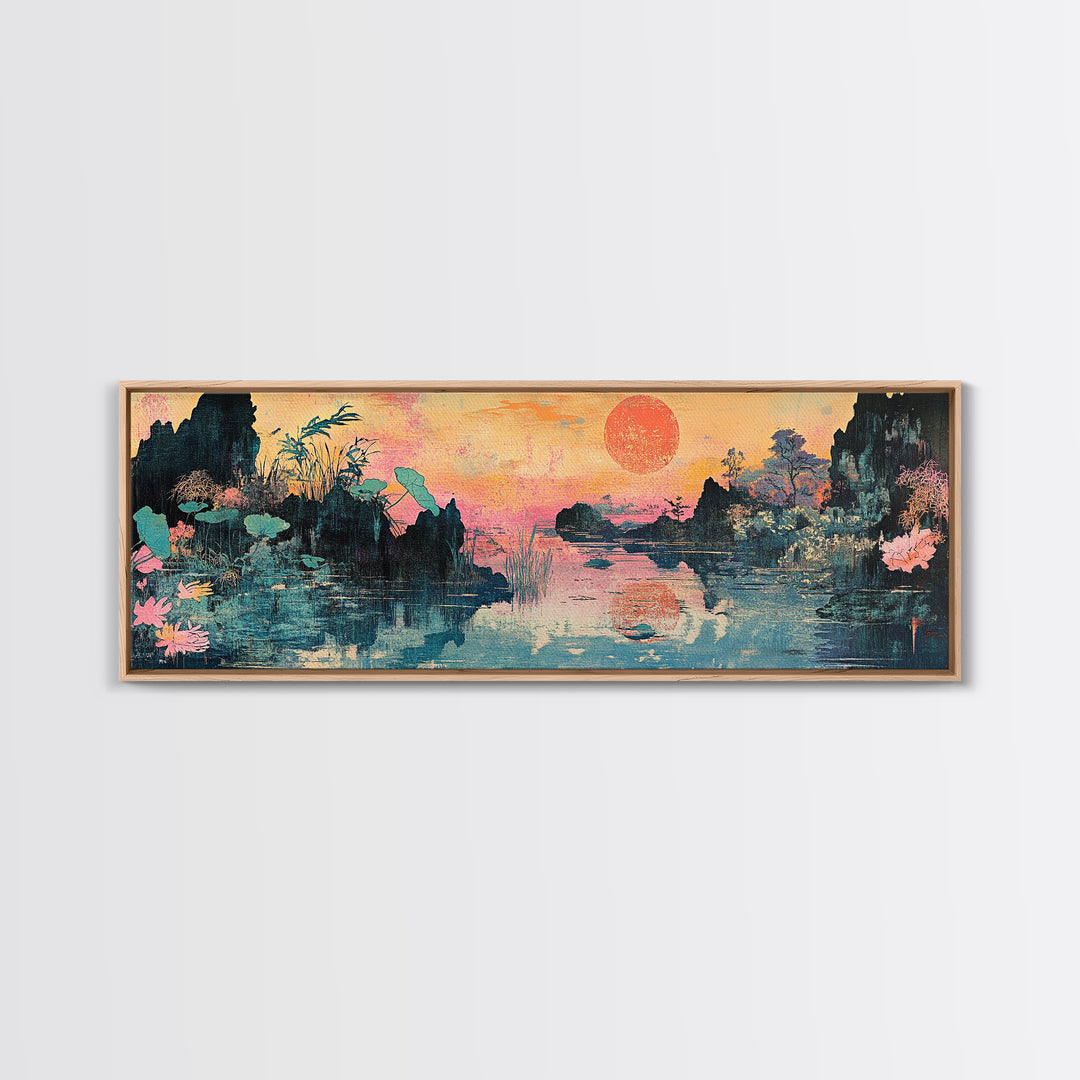 Lotus Lake Sunset With Red Sun And Mountains Wall Art, Japanese Landscape Canvas Print, Japandi Decor, Panoramic Wall Decor