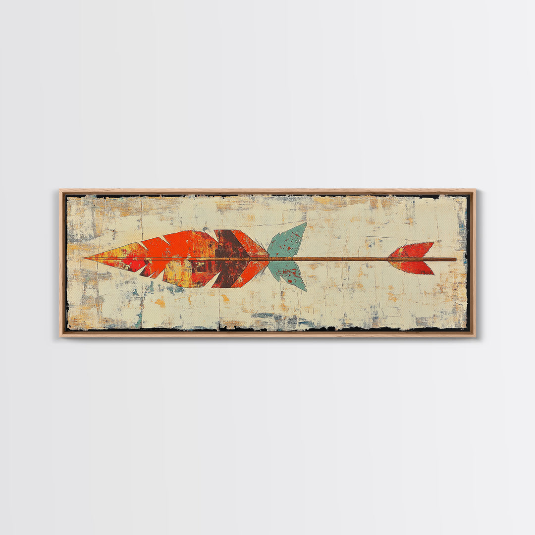 Rustic Painted Arrow With Red Feathers Wall Art, Southwestern Canvas Print, Boho Western Decor, Long Horizontal Art Print