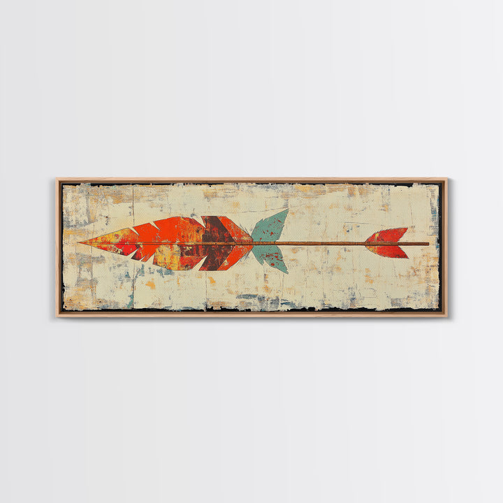 Rustic Painted Arrow With Red Feathers Wall Art, Southwestern Canvas Print, Boho Western Decor, Long Horizontal Art Print