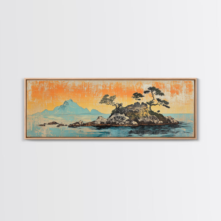 Rocky Island Pines On Calm Sea Wall Art, Japanese Coastal Landscape Canvas Print, Orange Sunset Decor, Wide Panoramic Art