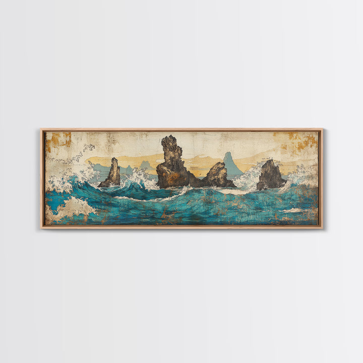 Jagged Sea Stacks In Turquoise Waves Wall Art, Large Panoramic Coastal Seascape Canvas Print, Nautical Decor, Moody Landscape Art