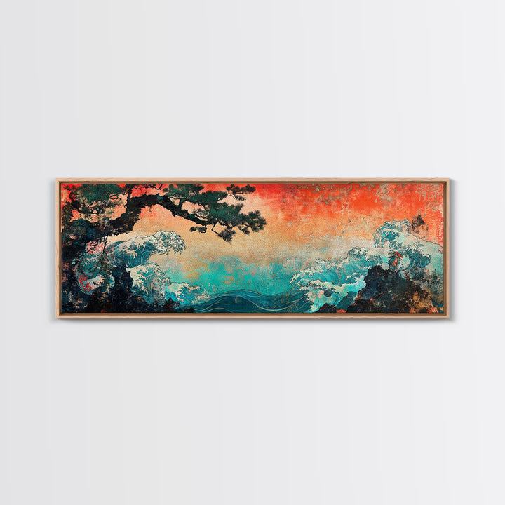 Stormy Teal Ocean Waves And Pine Branch Wall Art, Japanese Seascape Canvas Print, Coastal Decor, Long Horizontal Art, Living Room Decor