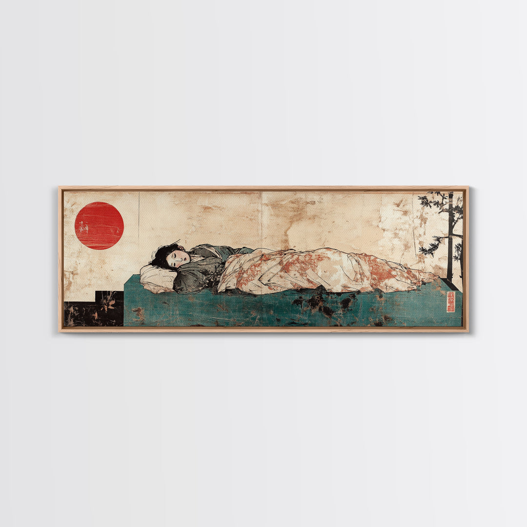 Sleeping Woman Under Floral Quilt Canvas Print, Japanese Bedroom Wall Art, Red Sun Decor, Serene Minimalist Art, Japandi Home Decor