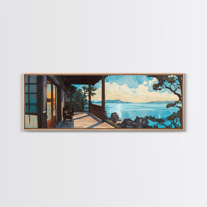 Sunny Japanese Veranda Over Blue Sea Canvas Print, Coastal Wall Art, Beach House Decor, Japandi Living Room Wall Art, Home Decor