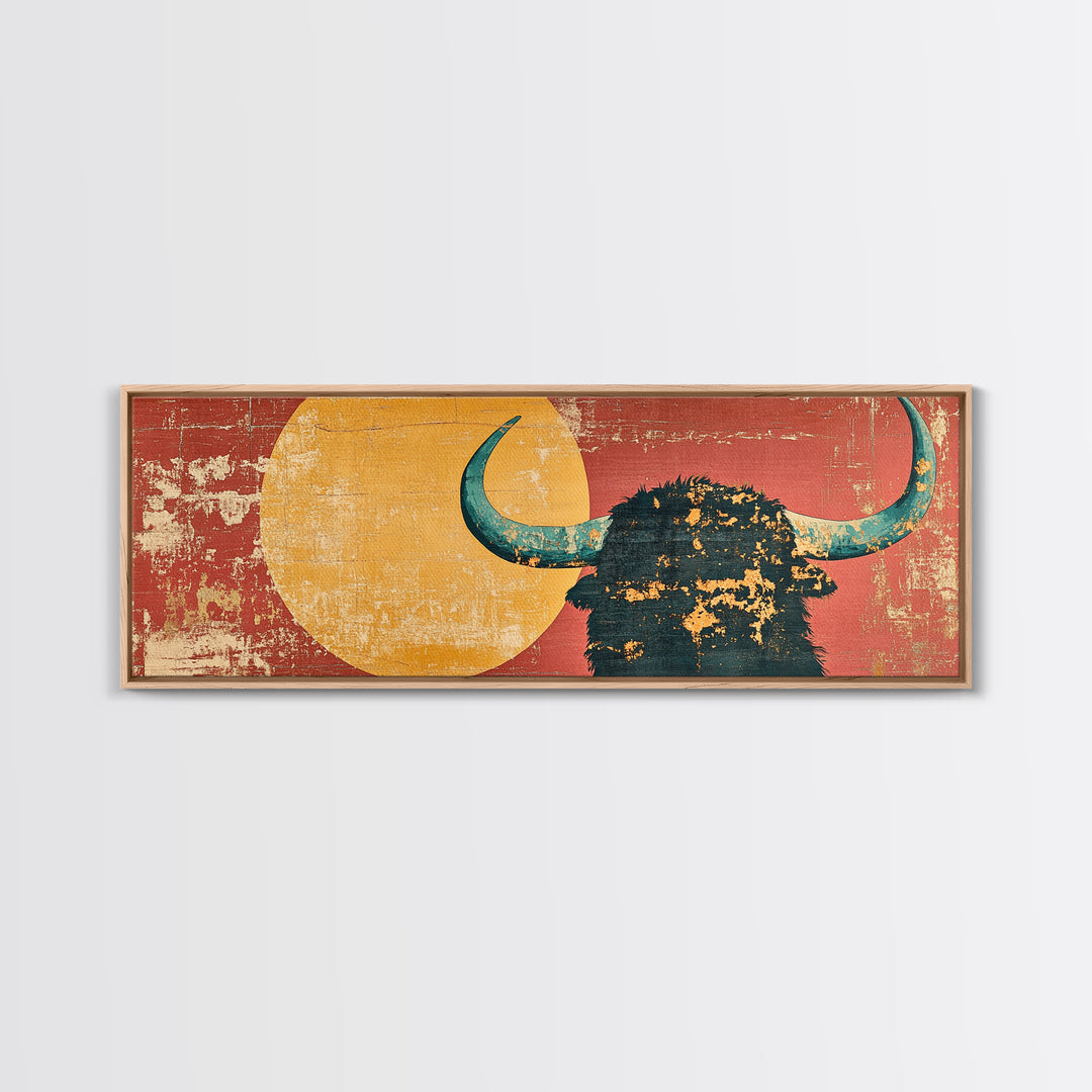 Bold Highland Cow Silhouette With Turquoise Horns Canvas Print, Western Wall Art, Rustic Home Decor, Southwestern Gift For Him