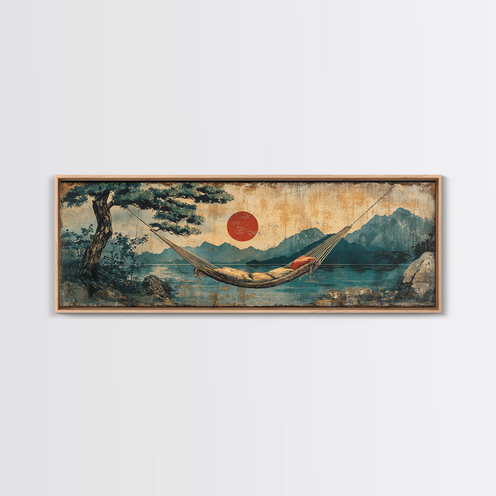 Mountain Lake Hammock Beneath Red Sun Wall Art, Japandi Landscape Canvas Print, Tranquil Zen Decor, Above Bed Art, Living Room Decor
